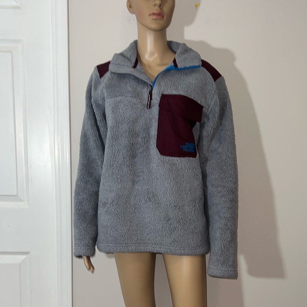 🎆The North Face Men's Groveland Sherpa Fleece Gray Burgundy Pullover